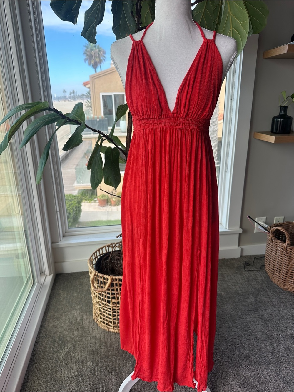 AllSaints Red Crinkle Viscose Deep V Halter Tie Back Maxi Dress - Size 8